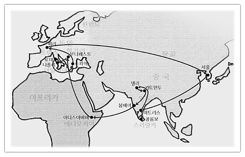 				▲유동근 목사는 한달 보름간 또다시 서울-마드라스-스리랑카(콜롬보)-마드라스-델리-카트만두-봄베이-아디스아바바-부다페스트-나폴리-로마-소피아-파리-서울을 거치는 선교여행을 떠났다.				