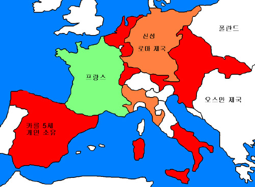 ▲카를 5세 당시 유럽 지도.