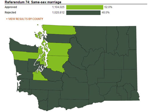 ▲워싱턴주 카운티 별 동성결혼 찬반 투표 결과, 시애틀을 중심으로 대도시에서 찬성 여론이 우세한 것을 볼 수 있다. ⓒSeattletimes
