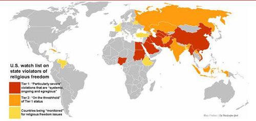 ▲종교자유침해 &lsquo;특별관심국가&rsquo; 현황. 1단계(Tier): 빨간색, 2단계(Tier): 주황색, 감시 대상: 노란색. ⓒ미국 국제종교자유위원회